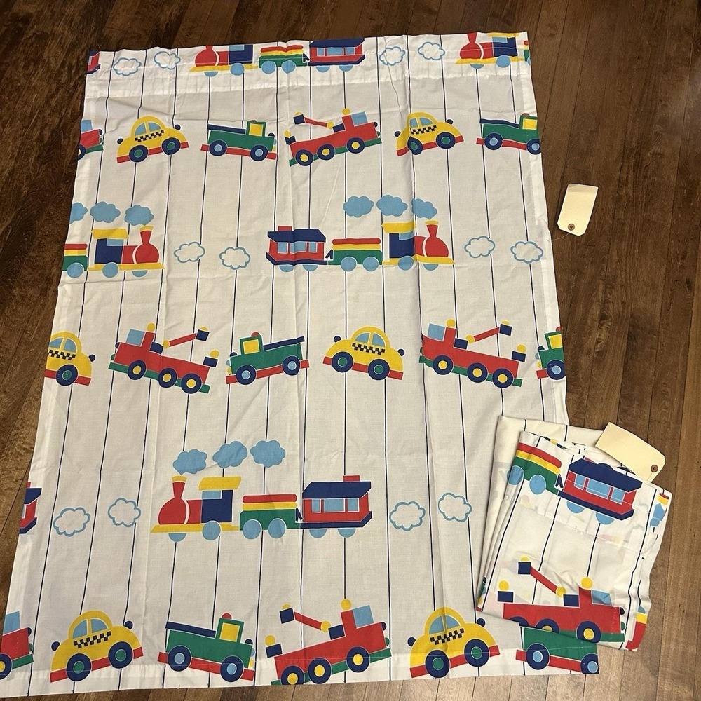 VTG 80's Boy Pair Curtain Panels 40" X 54 Trains Trucks Cars Primary Colors
